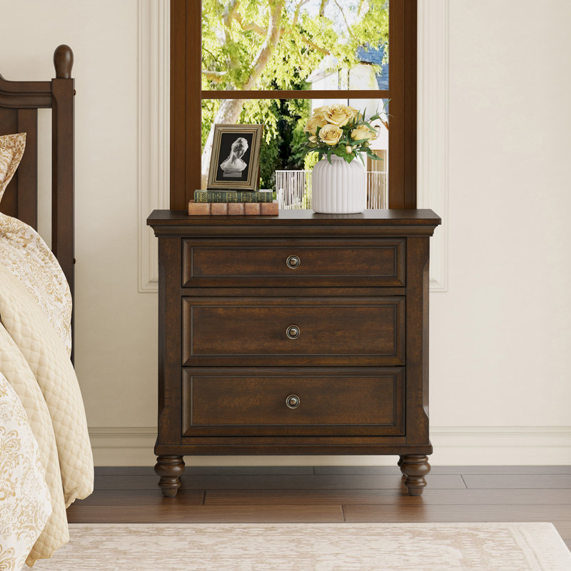 Mid-Century Modern Solid Wood Nightstand 3-Drawers, Dark Walnut