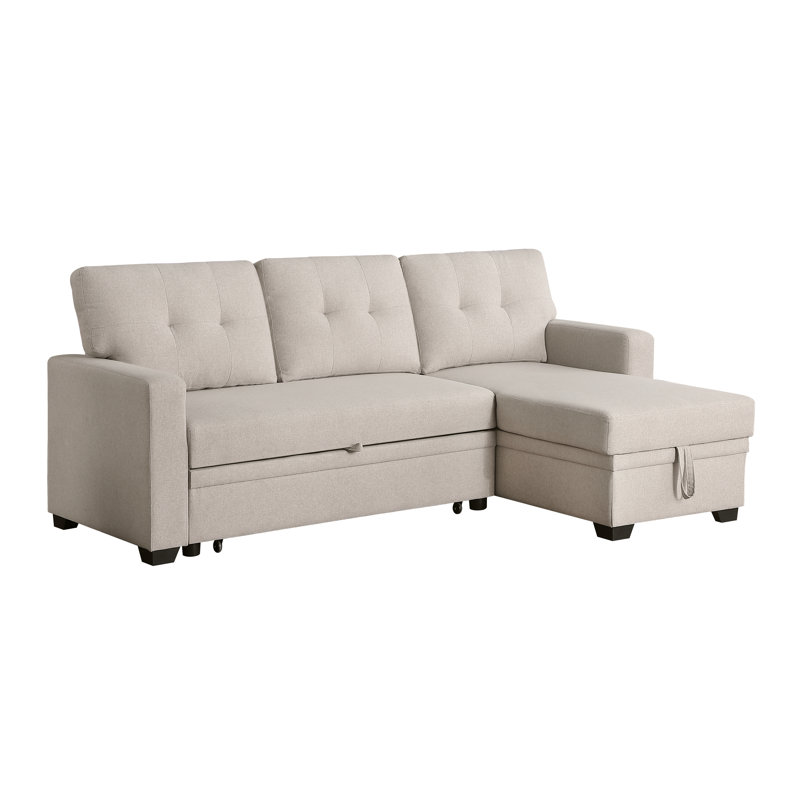 Upholstered Pull Out Sectional Sofa With Chaise, Beige Linen