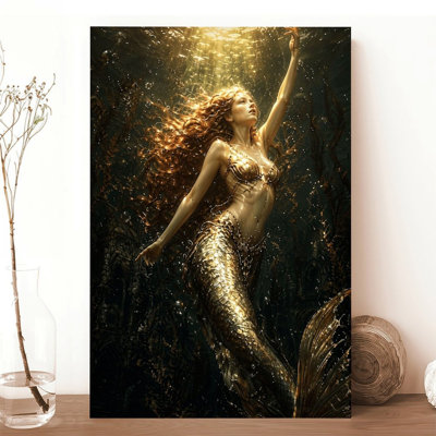 Canvas Wall Art Golden Mermaid Underwater Fantasy Art Print Vintage Poster Print Home Decor