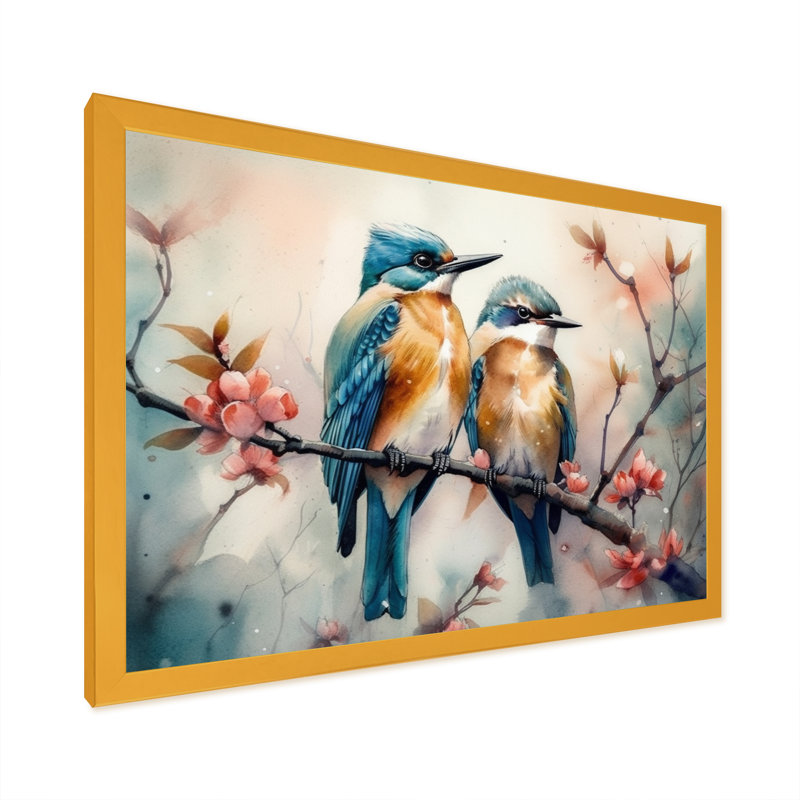 Oiseaux bleus assis sur une branche d'arbre IV - reproduction, H 16 po x l 32 po x P 1 po, Encadrement doré