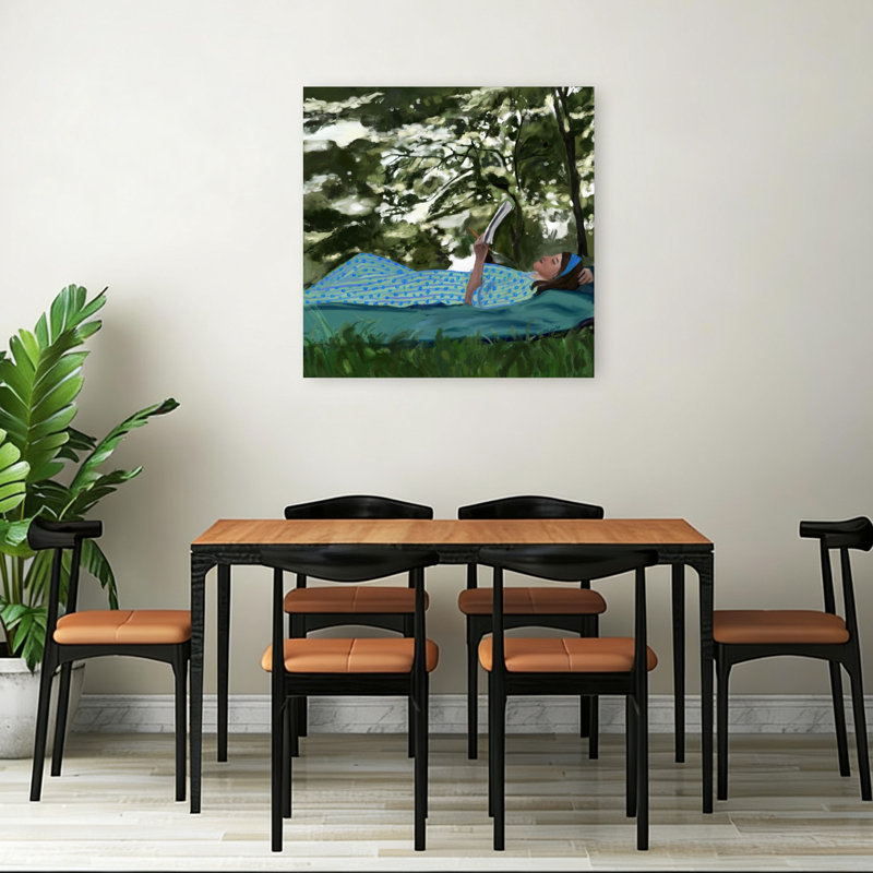 Femme lisant à l'extérieur, paisible, serein, nature abstraite, été, art mural, 36" H x 36" W