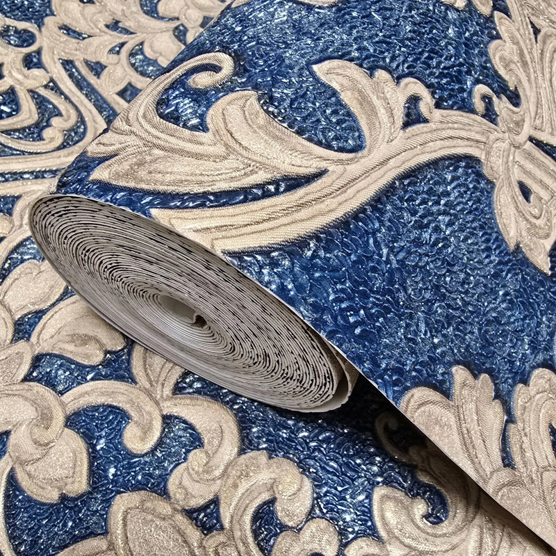 Papier peint damassé baroque bleu marine beige
