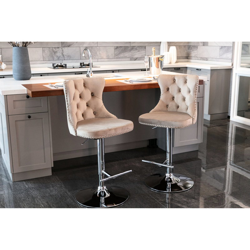 Tabourets de bar modernes en velours kaki, hauteur réglable de 63,5 à 84 cm, siège rembourré, dossier confortable, couleur kaki, pour la maison, le pub ou la cuisine. Deux tabourets de bar kaki, îlot central.