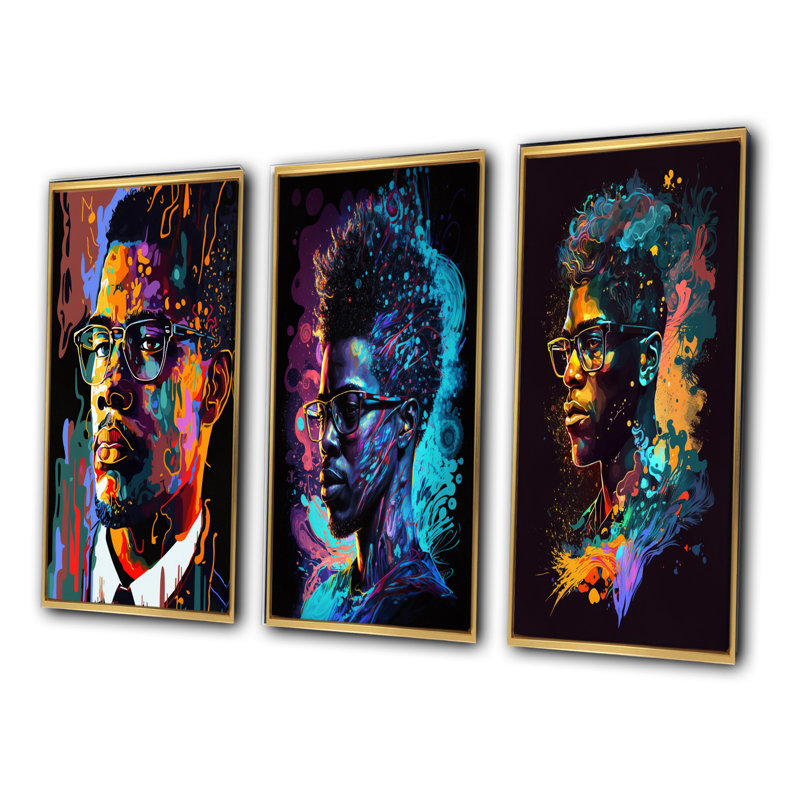 «Malcolm X Illustration», 3 pièces sur toile, H 32 po x l 48 po, Cadre flottant doré