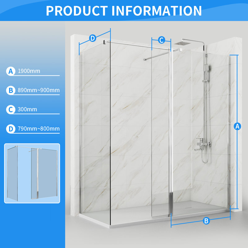 Labrie 1900mm H Chrome Pivot Shower Door With Two Support Bar, 900cm W