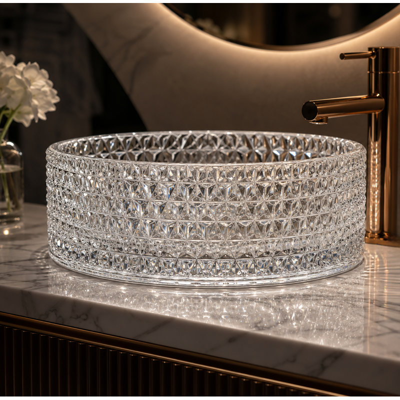 Lavabo de salle de bain rond en verre texturé 16 po Scotch - Collection Timeless, Transparent, 16"