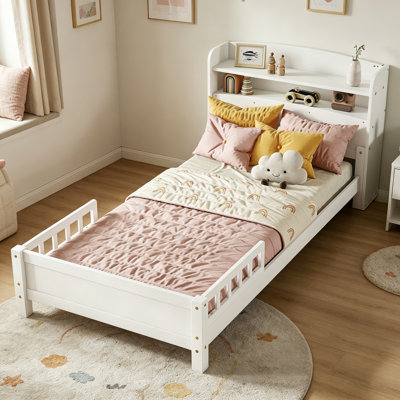 Wood Bookcase Bed Frame with LED Light and Storage Headboard, Low Platform Bed with Adjustable Guardrails, No Box Spring Needed, White, Twin Size
