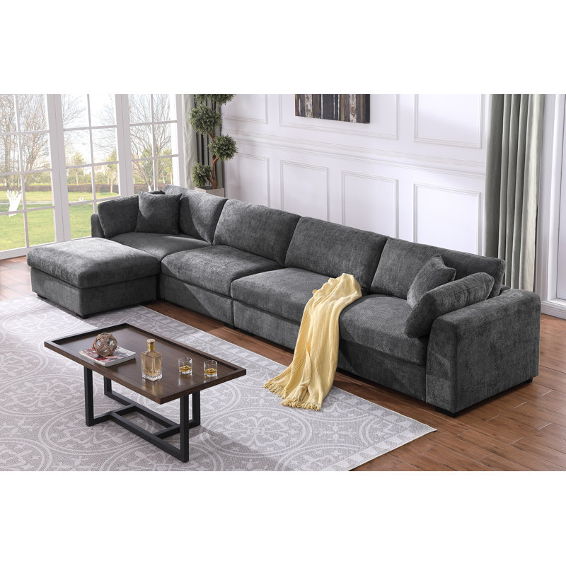 Canapé 5 places en chenille avec repose-pieds réversible et assise profonde Chenille, Gris foncé