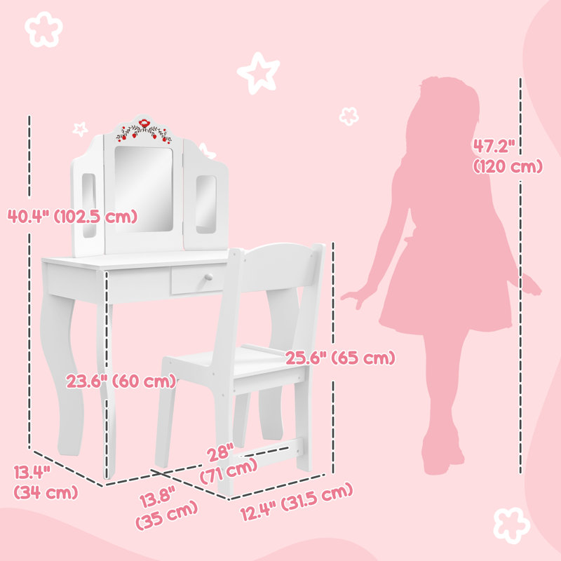 Ensemble de coiffeuse Harriet Bee Kids, coiffeuse à double usage avec miroir amovible à trois volets, table de maquillage avec tabouret et tiroir, pour les enfants de 3 à 8 ans, blanc