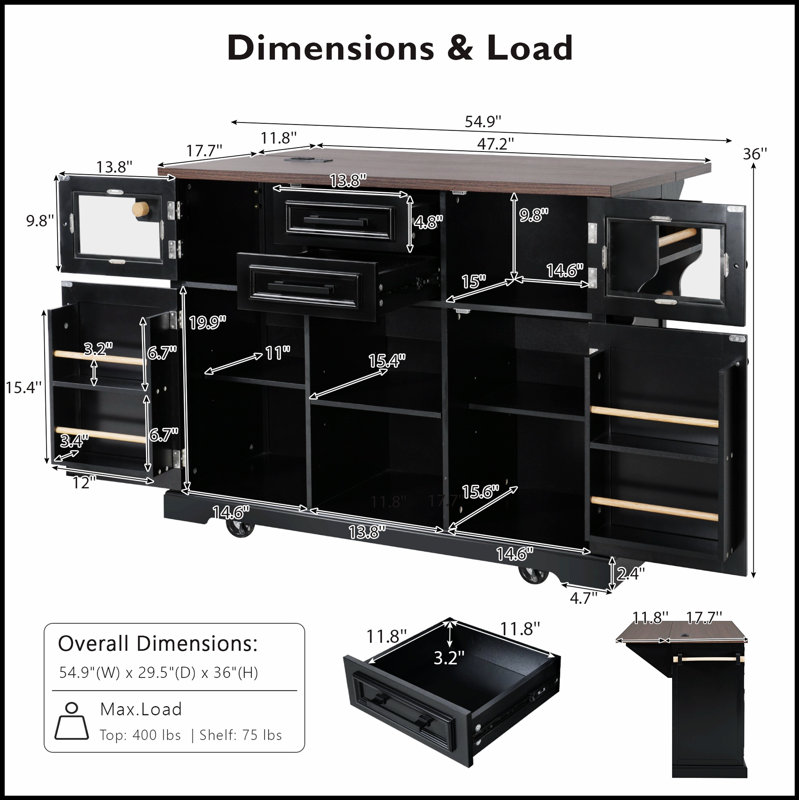 54.9 Inch Kitchen Island with Drop Leaf, Power Outlets, and Storage, for Modern and Rustic Kitchens, Black