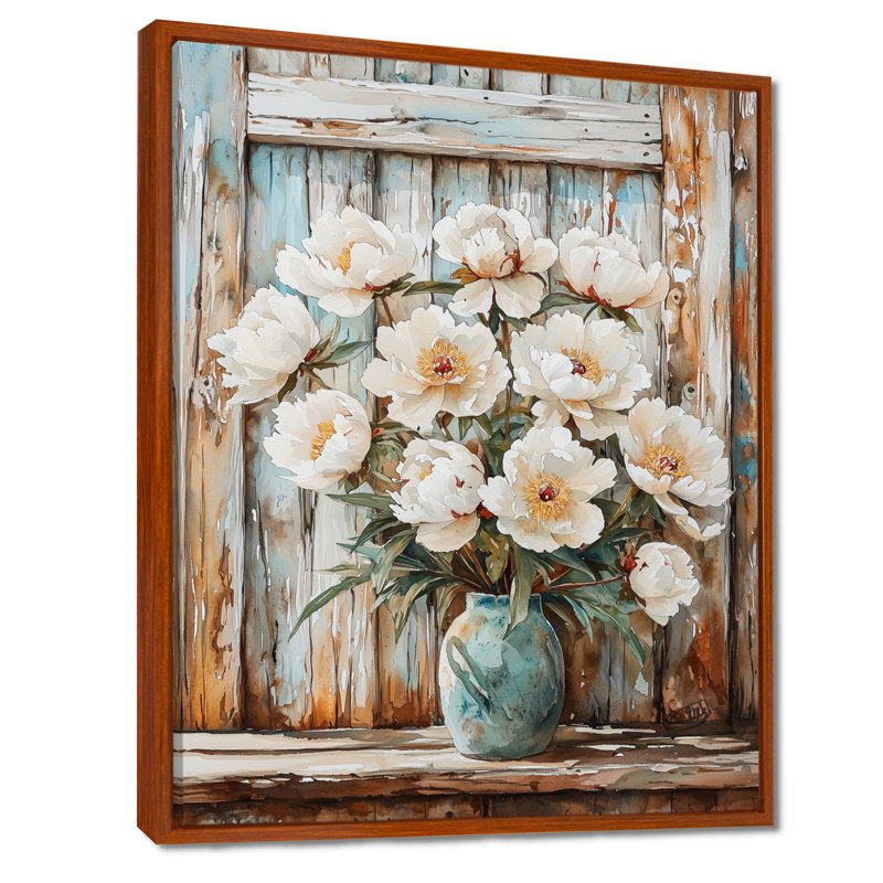 Décoration murale pivoines par la porte de grange IV - pivoines, H 40 po x l 30 po, Reproduction avec cadre flottant, Brun