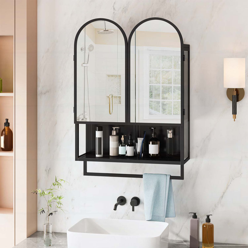 Armoire à miroir moderne à double arche avec tablettes réglables, Noir