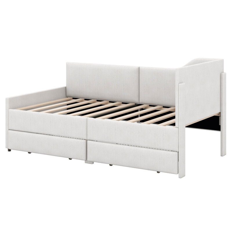 Twin Size L Shaped Daybed With 2 Storage Drawers, Corduroy Upholstered Daybed, Wooden Bed Frame, Corduroy Sofa Bed, Beige