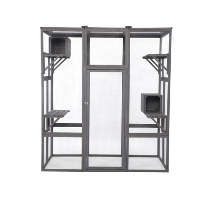 Gray Extra Large Pet Cage - Sufficient Room For Multiple Felines, 61.63"L X 31.76"W 69.7"H, Outdoor- With Sunshine Plate Roof, Activity Center 5 Elevated Platforms & 2 Condos, Keeps Pets Safe From
