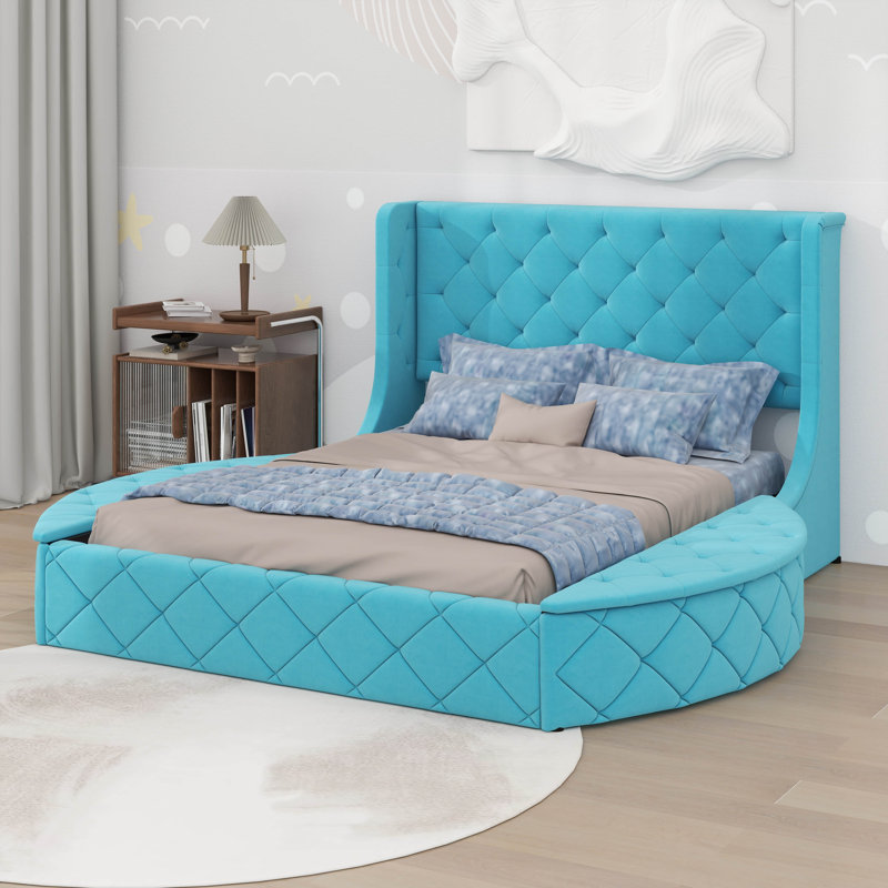 Structure de lit tapissier grand format avec tête de lit à oreilles, 1 grand tiroir et 2 tabourets de rangement latéraux, tissu en velours