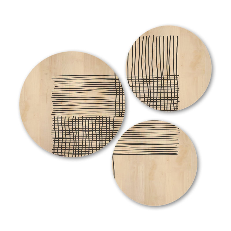 «Modern Compostions Of Elementary Forms XIX» par Designart, impression d'art mural moderne sur bois naturel - ensemble de 3 cercles