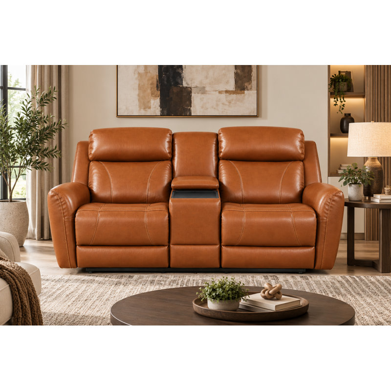 Canapé inclinable électrique deux places en cuir véritable, couleur caramel, L 71 po