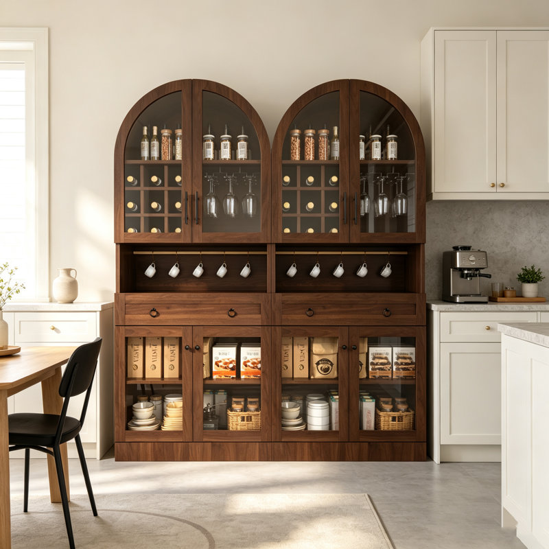 Armoire bar 70 po de hauteur, armoire à vin de style Mid-Century avec portes en verre trempé, porte-bouteilles, tiroir et crochets