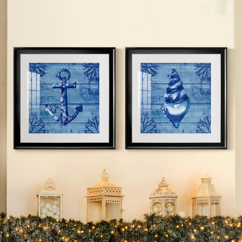 Indigo Anchor - ensemble de 2 reproductions d'art encadrées, Papier encadré noir, Blanc, H 17,5 po x l 35 po x P 1,5 po
