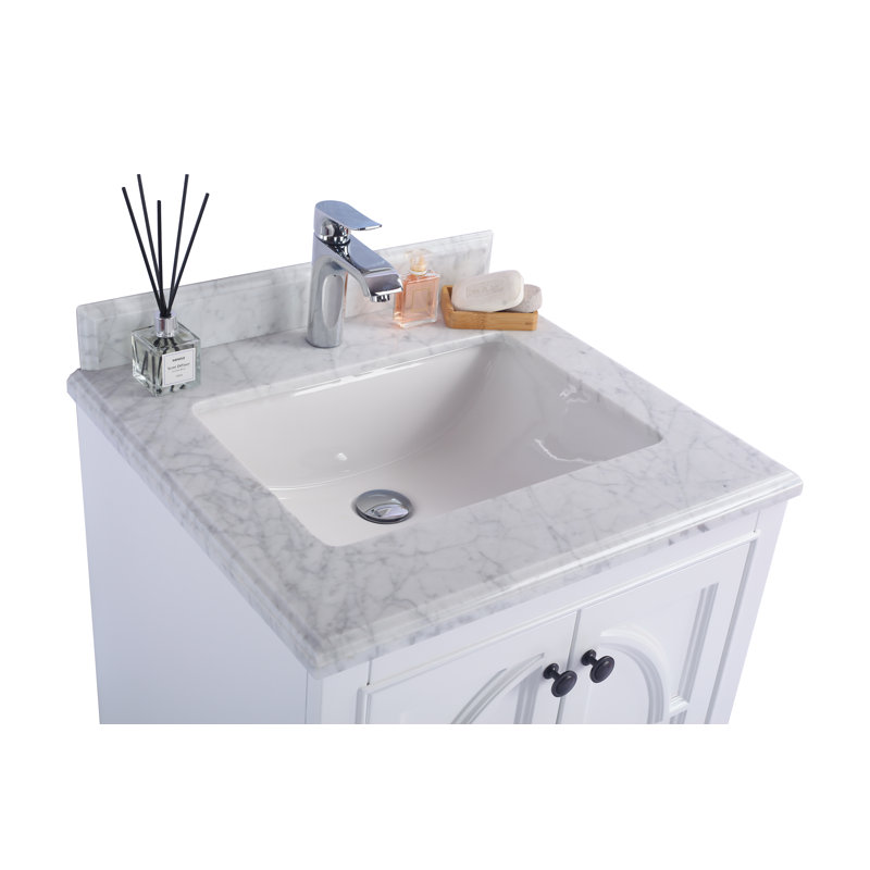 Mundy 24'' Single Bathroom Vanity with Solid Surface Top, White Carrera, White