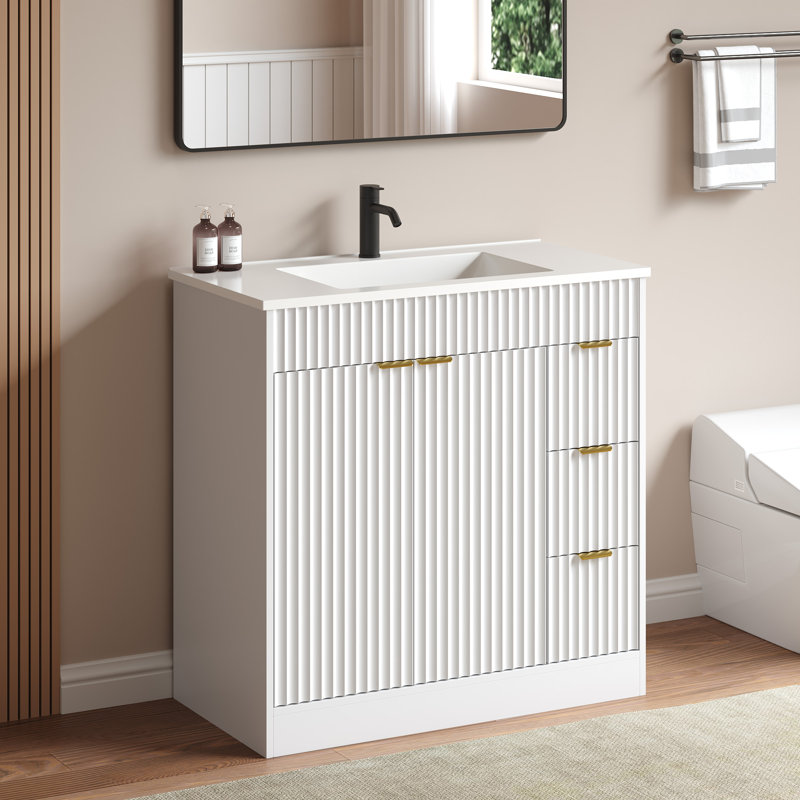 Meuble-lavabo moderne simple Adonia de 36 po avec comptoir en SMC, armoire de salle de bain en bois avec 3 tiroirs, White