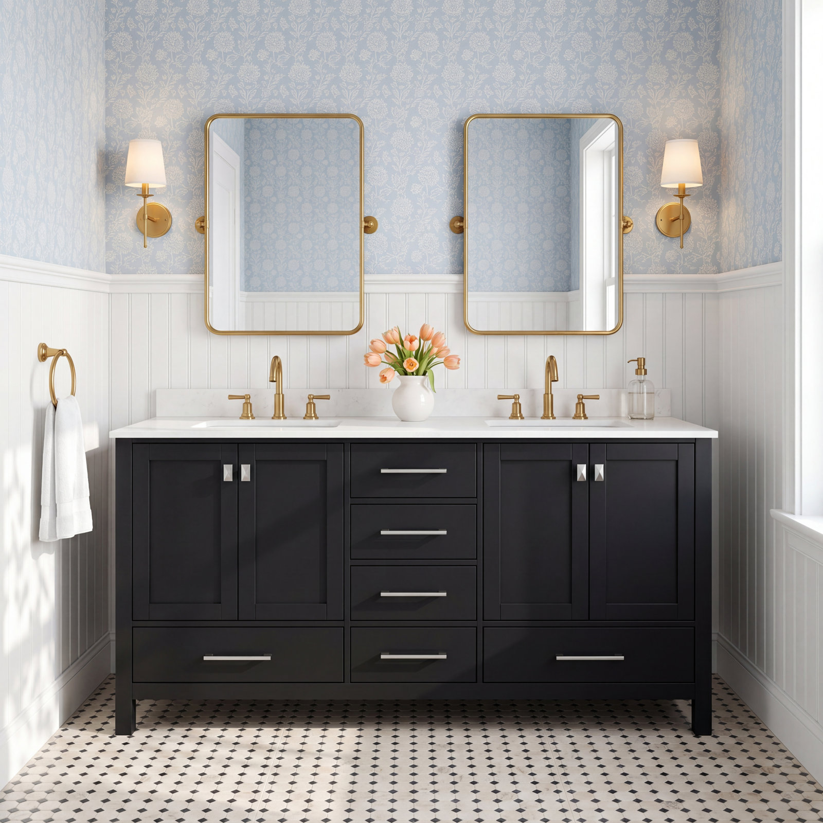 Irene 72'' Double Bathroom Vanity, Black, Calacatta Quartz