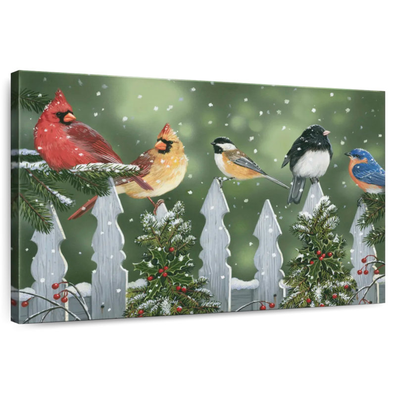Oiseaux d'hiver sur une clôture enneigée, H 34 po x l 51 po