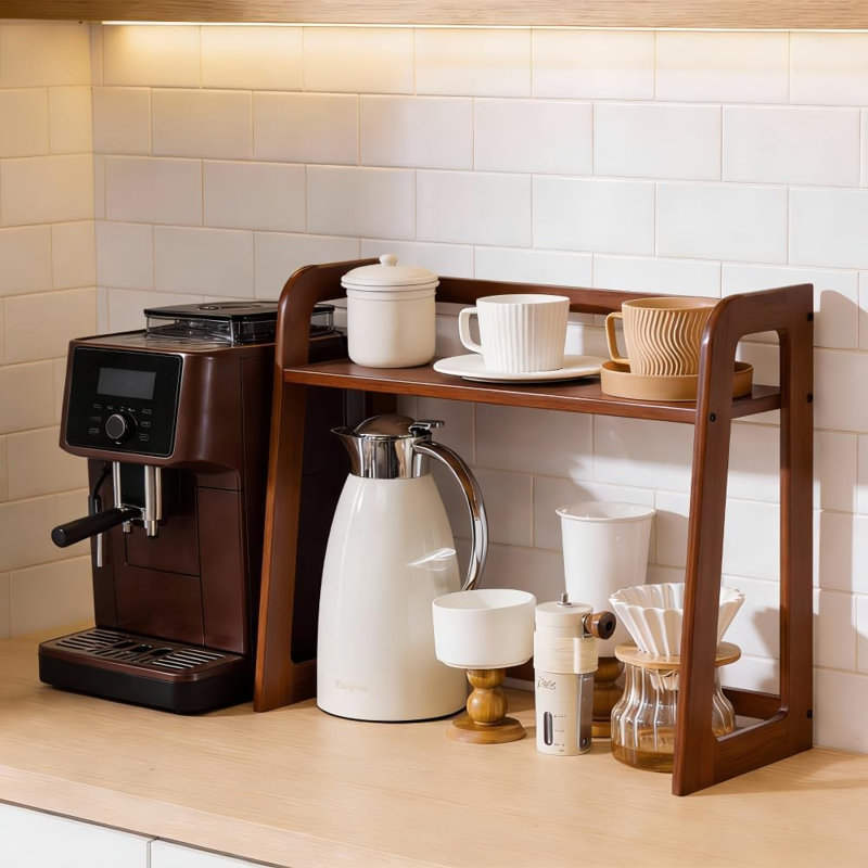 Organisateur de station de café en bambou, tablette de comptoir de cuisine en bois à 2 niveaux pour accessoires de bar, support de rangement multifonctionnel pour bouteilles de sirop, articles essentiels pour le café