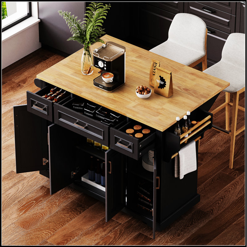Grand îlot de cuisine de 54 pouces avec abattant en bois d'hévéa, chariot roulant texturé en relief sur 4 roues, grand espace de rangement pour la cuisine et la salle à manger