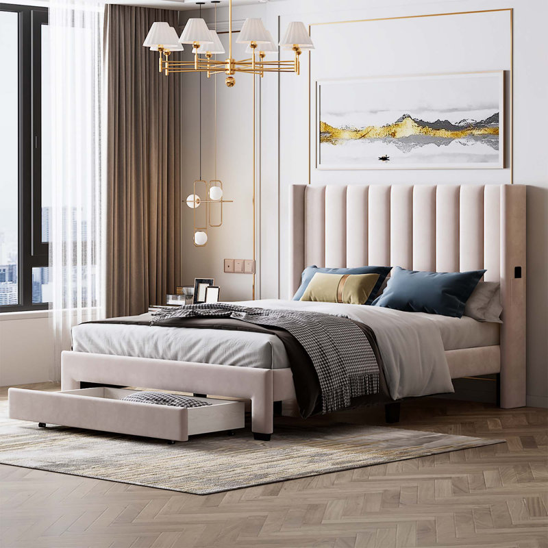 Lit plateforme à panneau de rangement Izaiha, Beige, Grand