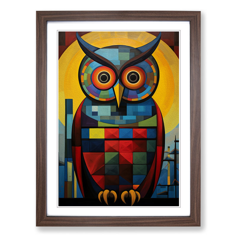 Owl Constructivism - Single Picture Frame Print on Wood, 34cm H x 25cm W x 2cm D, Walnut Framed