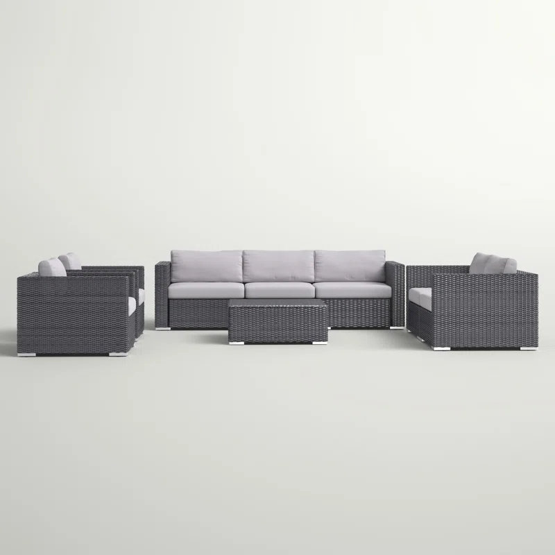  Ensemble modulaire d'extérieur en osier 7 pièces, canapé modulaire en rotin avec coussins et table basse, gris / beige
