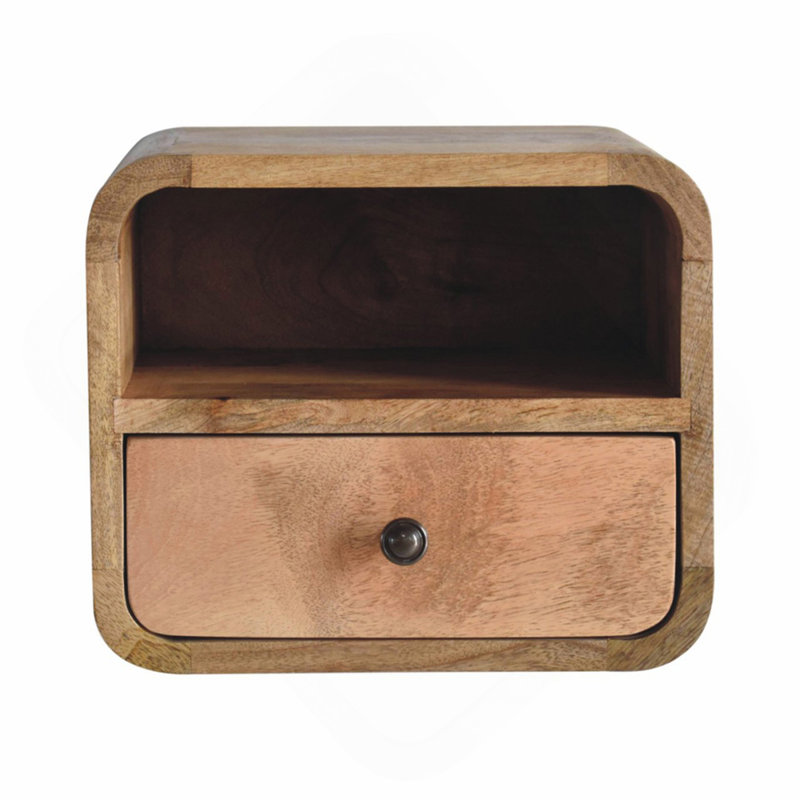 Mini table de chevet murale en chêne courbé avec fente ouverte, 1 tiroir, brun clair