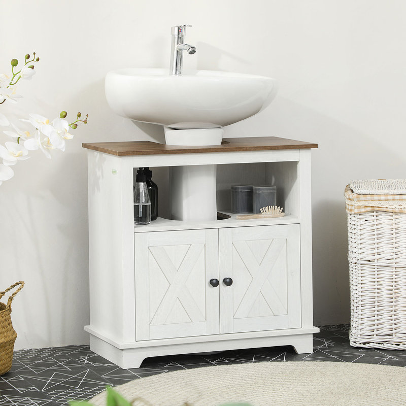 Armoire de salle de bain, meuble-lavabo à piédestal avec portes doubles et tablettes de rangement