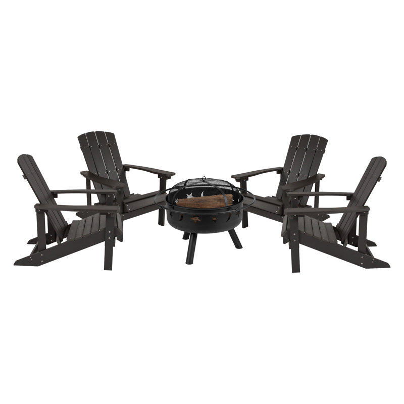 Foyer étoile et lune avec housse en filet et 4 chaises Adirondack en résine de polyester, Gris ardoise