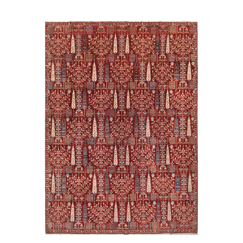 Tapis bleu marine / rouge en laine noué à la main de conception unique 10 pi x 13 pi 11 po
