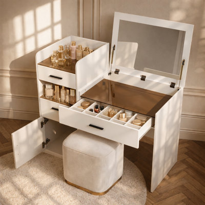 Meuble-lavabo compact 3 en 1 avec miroir rabattable et plateau en verre, coiffeuse compacte avec 3 tiroirs et armoire
