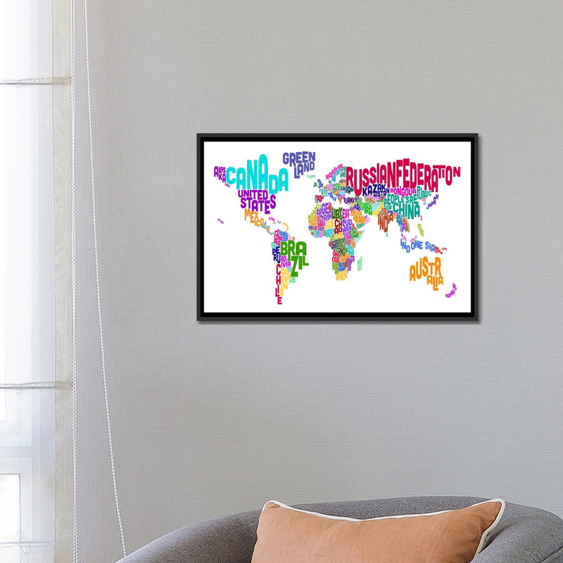 « typographie text world map vi » par michael thompsett, impression sur toile tendue, H 18 po x l 26 po x P 1,5 po