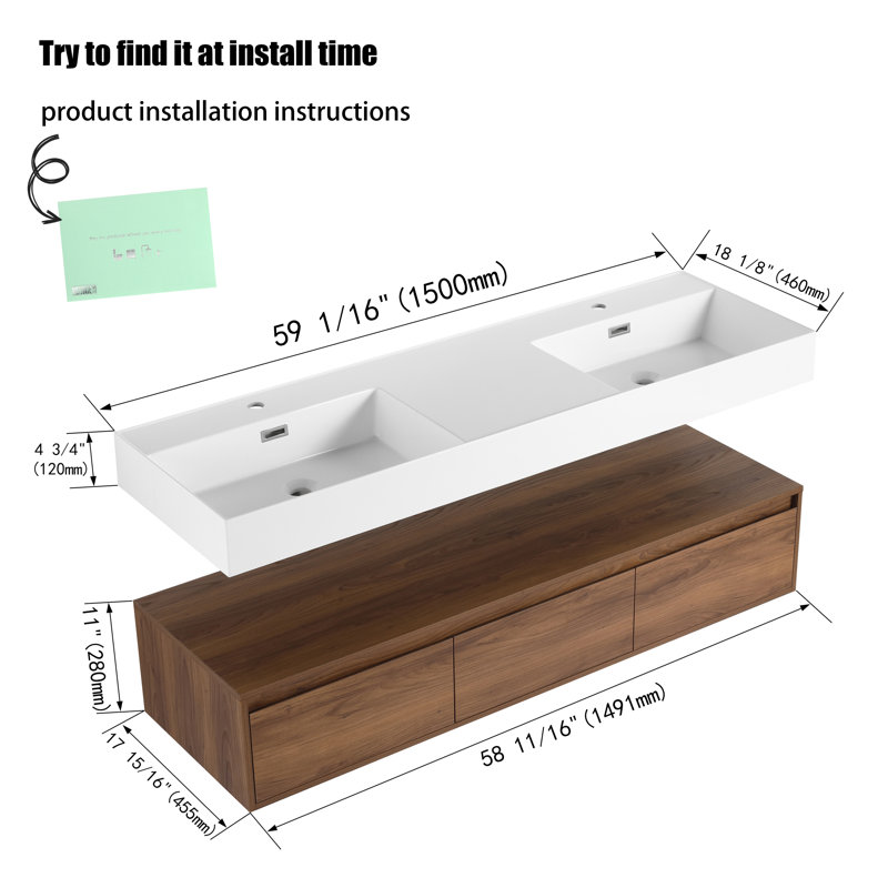 Meuble-lavabo mural double 60 po avec comptoir en résine 60 po