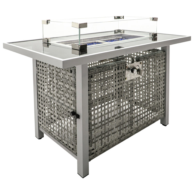 Foyer de table rectangulaire au propane à tissage ouvert de 43 po, gris, 60000, avec pierres de verre bleues, pare-vent trempé et rangement de 20 lb pour les réceptions en plein air Gaz 43 po, couleur, amovible - couvercle rouille