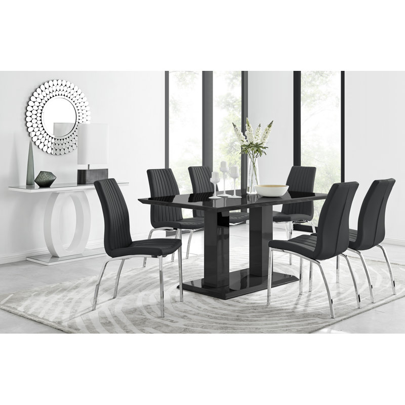 Edzard Double Pedestal High Gloss Dining Table Set with 6 Soft Touch Faux Leather Dining Chairs, Grey, Black