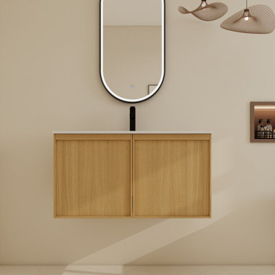 Ensemble de meuble-lavabo mural simple 36 po avec lavabo supérieur en céramique, meuble-lavabo flottant avec 2 portes à fermeture douce