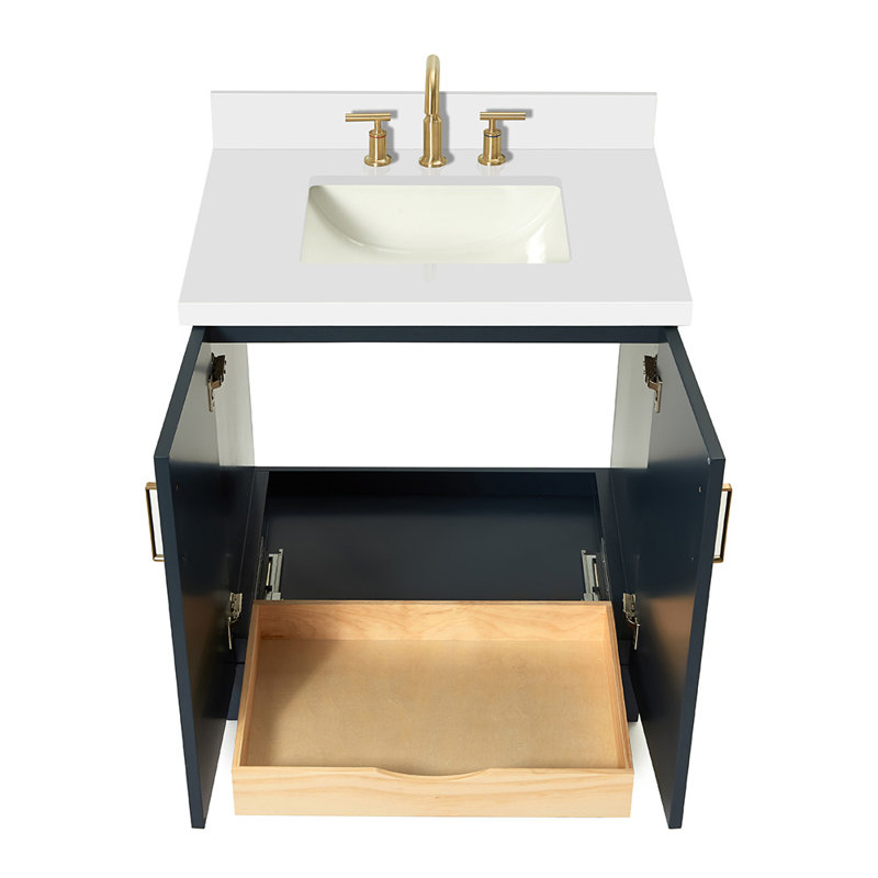 Meuble-lavabo simple en bois massif de 30 po de couleur bleu nuit avec comptoir en quartz blanc Carrara de 1,5 po Freitas, évier central ovale