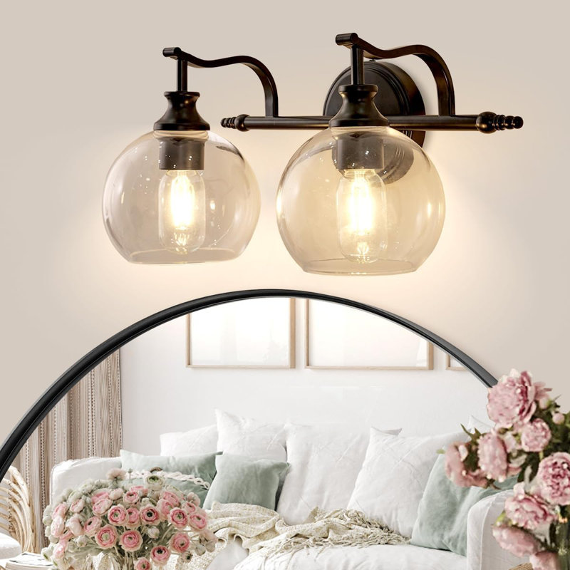 Modern Globe Clear Glass Bathroom Vanity Light Fixture with Metal Gooseneck Frame, 2, Matte Black