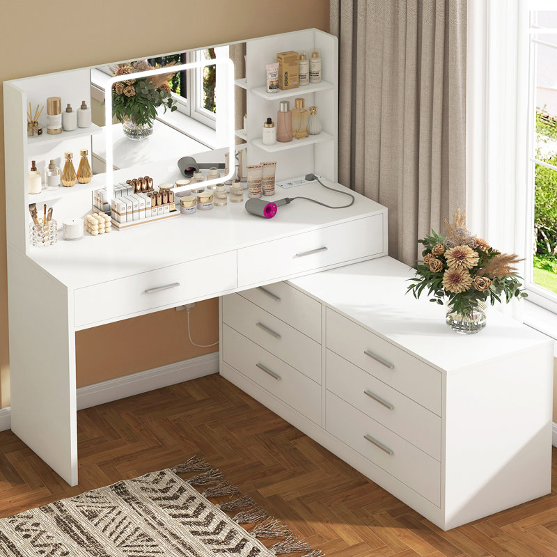 Dressing Table with LED Light Mirror & Power Outlet, Vanity Table Makeup Desk with 8 Drawers and 6 Storage Shelves, 3 Color Modes & Adjustable Brightness Vanity desk, L Shape Change, White