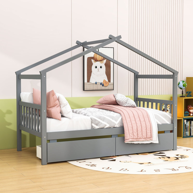 Lit simple en bois avec 2 tiroirs et garde-corps, Gris