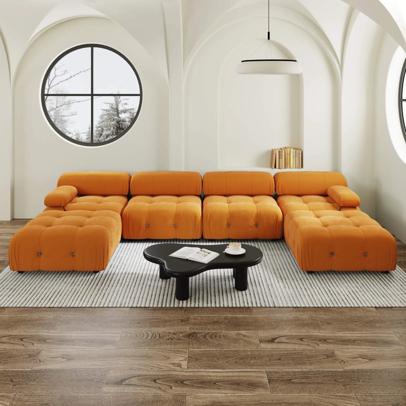 Canapé rembourré 4 places avec 2 repose-pieds en velours moelleux, dossier et accoudoirs amovibles de style Mario Bellini