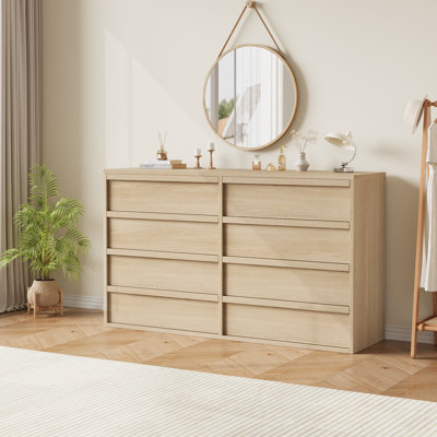 8 Drawer Dresser for Bedroom, 54" Natural Double Dresser Organizer with Concave Handle, Modern Chest of Drawer for Bedroom Living Room Nursery by Ebern Designs