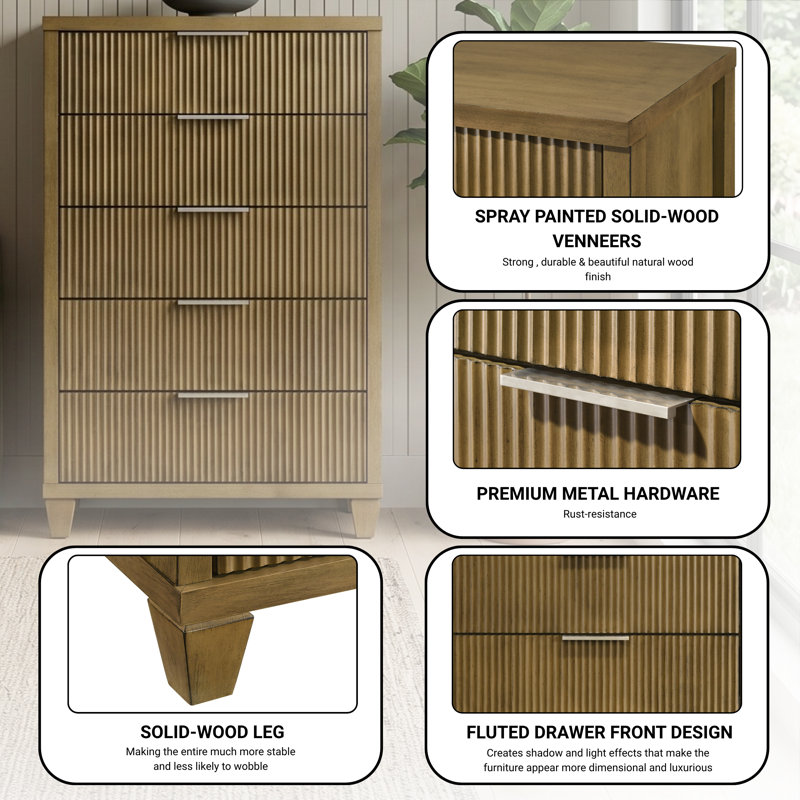 Aurelin Mid-Century Modern 28.7"W 5 Drawer Chest, Antique Oak