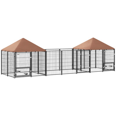 Chenil pour chien à l'extérieur avec 2 pièces, grand chenil extérieur avec bols rotatifs et réglables en hauteur, auvent imperméable et résistant aux rayons UV, parc d'enclos pour animaux soudé, 16,2 pi x 4,7 pi x 5,1 pi